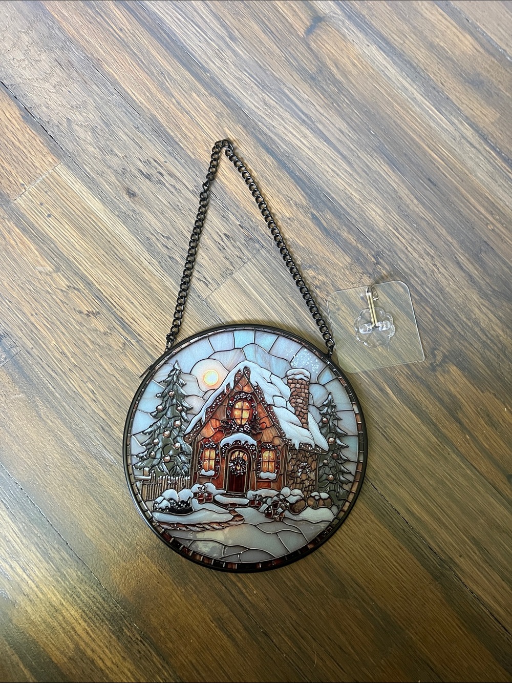 Winter Cottage Stained Glass Hanging Accent